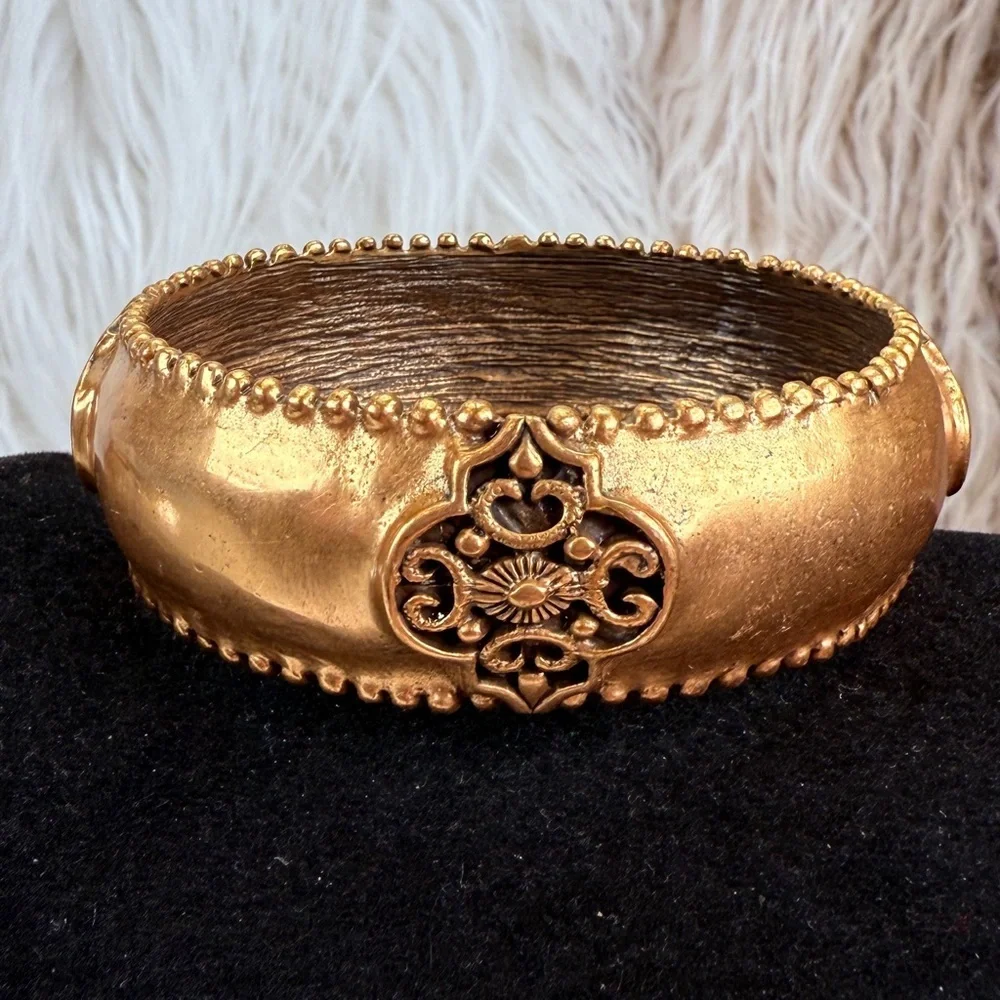 Aged Goldtone Textured Weighted bohemian chic Bangle Bracelet